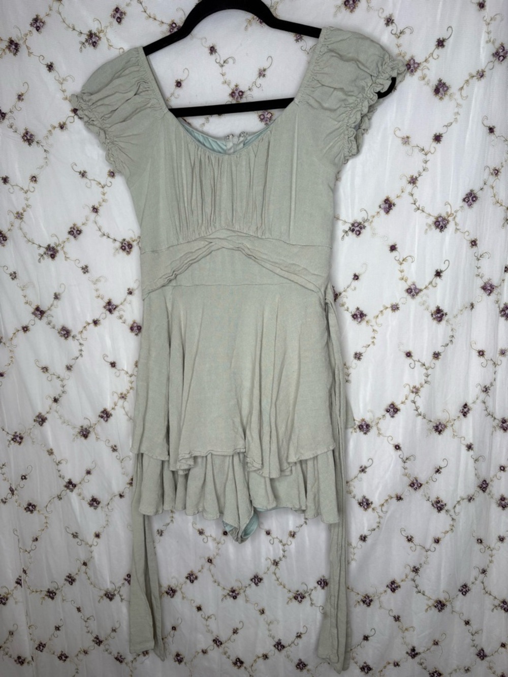Altar'd State Sage Green Tiered Romper with Puff Sleeves